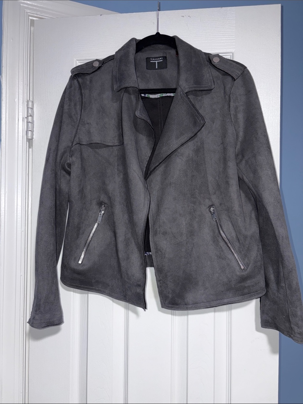 Tahari Charcoal Suede-Effect Biker Jacket